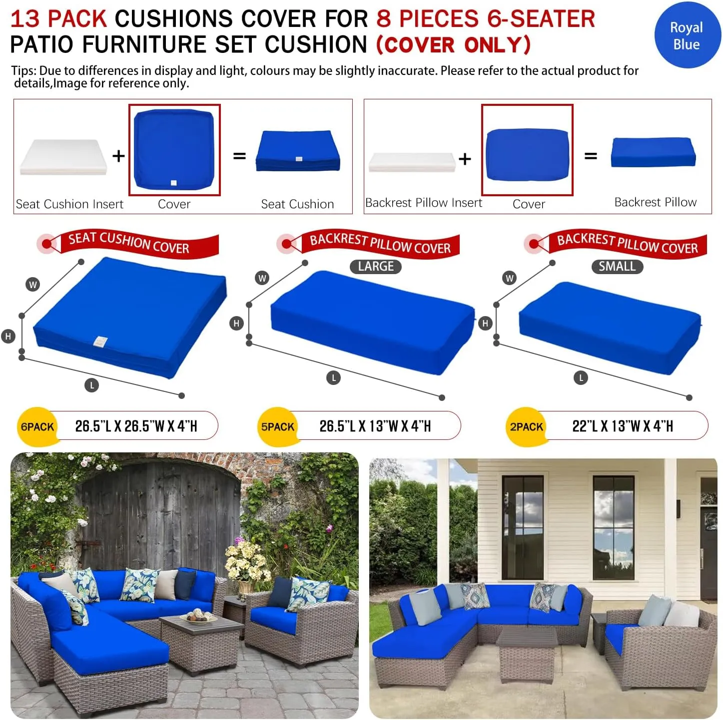 ClawsCover 13 Pack Outdoor Seat and Back Cushions Replacement Covers Fit for 6 Pieces 8-Seater Wicker Rattan Patio Furniture Conversation Set Sectional Couch Chairs,Royal Blue-Include Cover Only