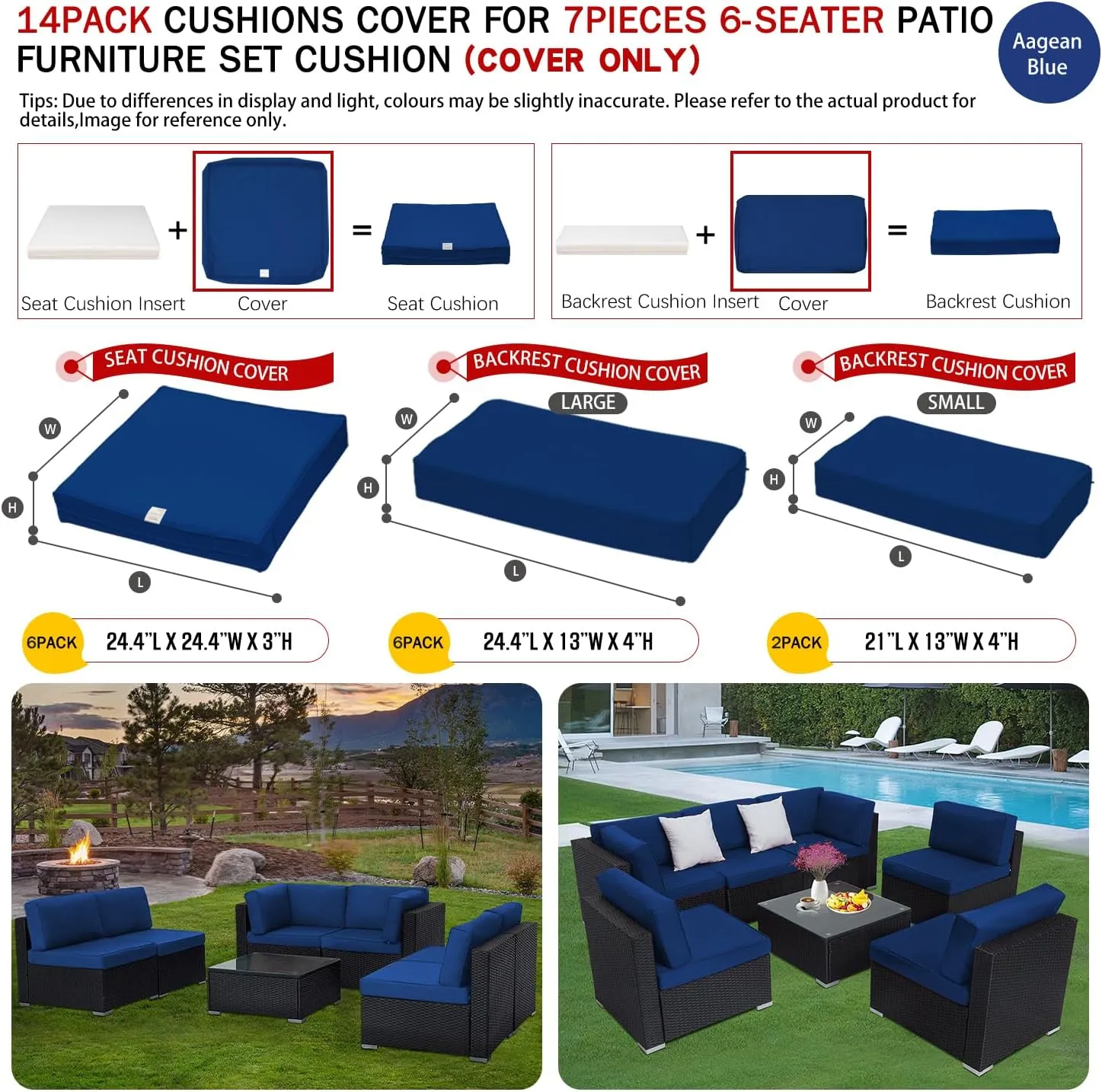 ClawsCover 14 Pack Outdoor Patio Seat and Back Cushion Replacement Covers Fit for 7Pieces 6-Seater Wicker Rattan Furniture Set Sectional Sofa Chair Couch,Aegean Blue-Include Covers Only (Small)