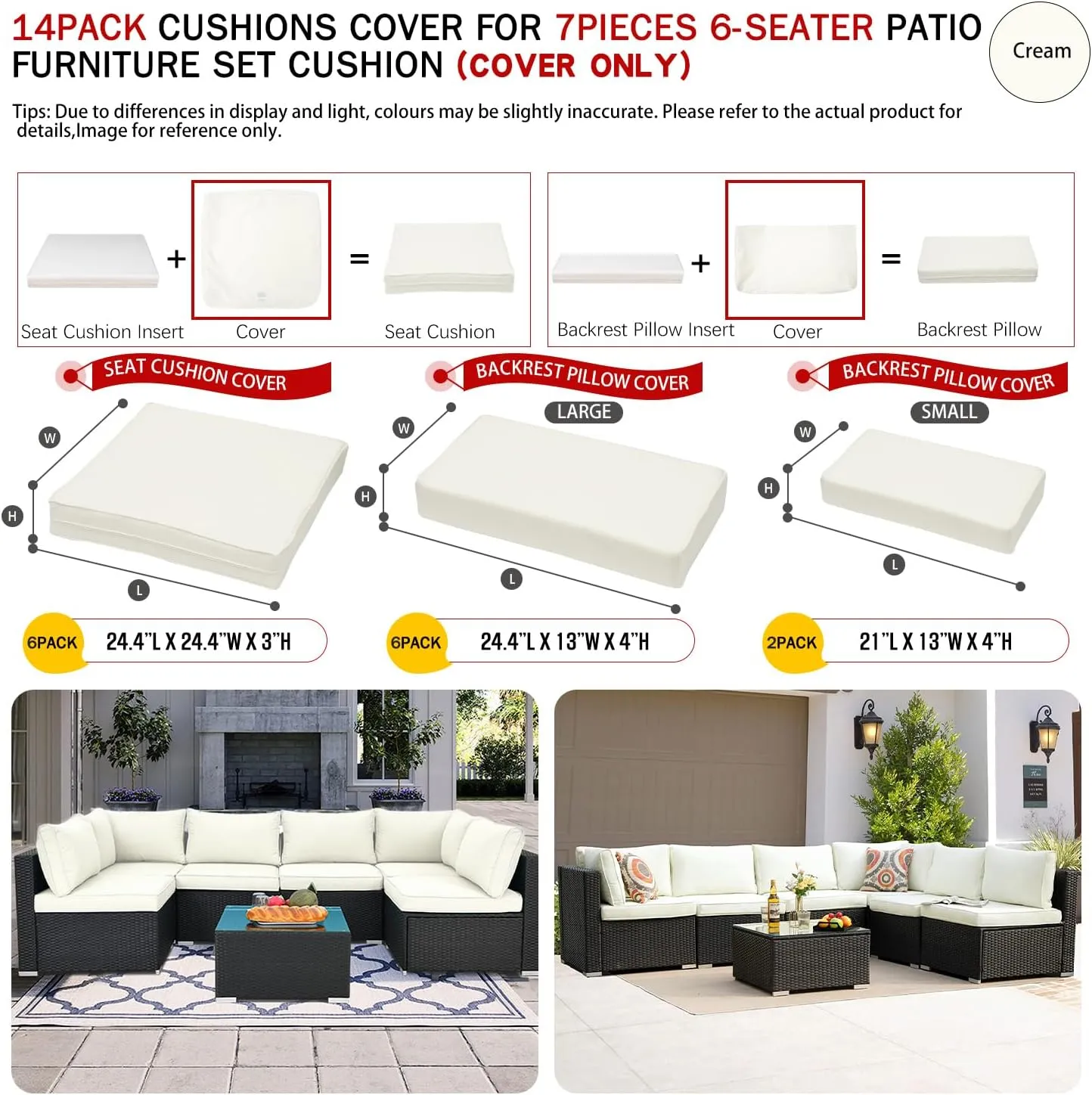 ClawsCover 14Pack Outdoor Patio Seat and Back Cushions Replacement Covers Fit for 7Pieces 6-Seater Wicker Rattan Sectional Couch Chair Furniture Set,Cream-Include Cover Only (Small)