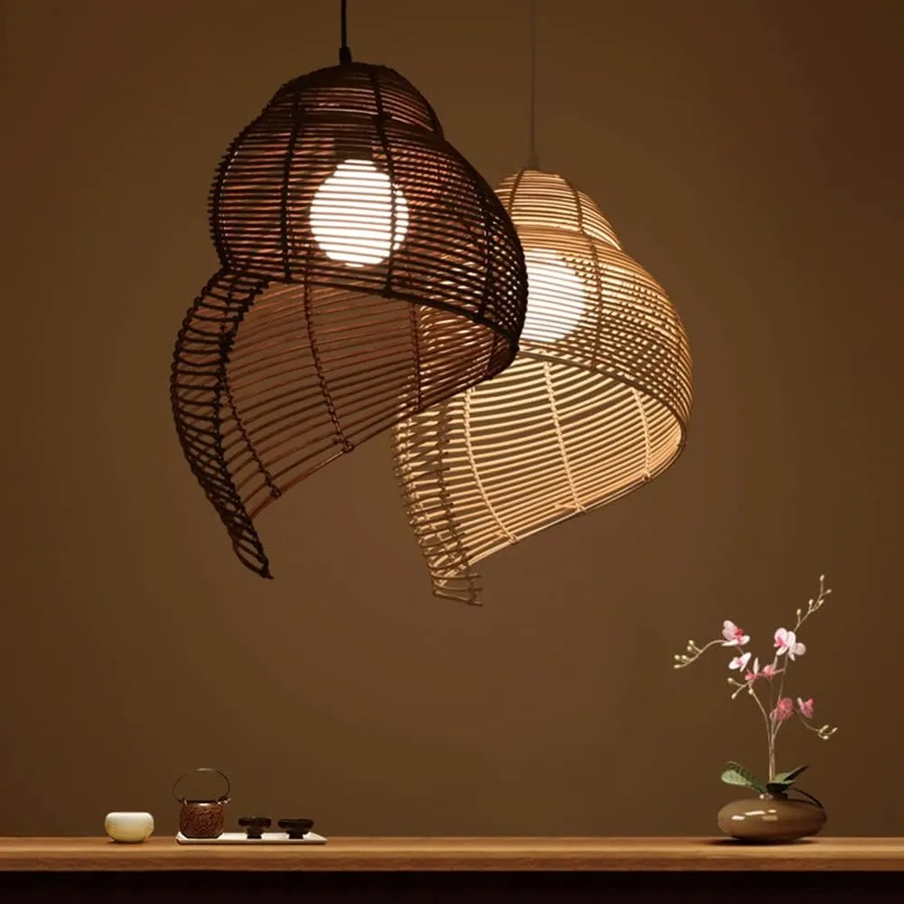 Coastal Conch Pendant Lights Personality Wicker Rattan Pendant Light Tropical Romantic Basket Hanging Lamp Hollow Revolving Vine Chandelier Lamps for Kitchen Island Dining Corridor Teahouse
