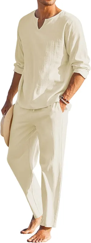 COOFANDY Men's 2 Pieces Cotton Linen Set Henley Shirt Long Sleeve and Casual Beach Pants Summer Yoga Outfits