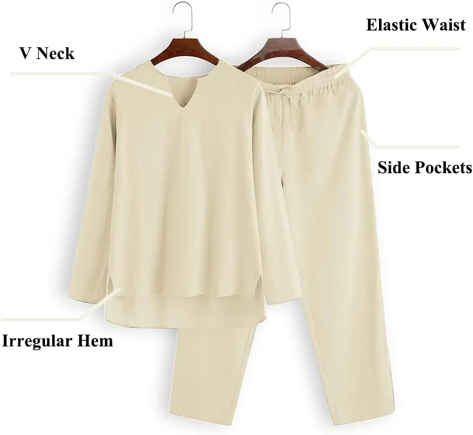 COOFANDY Men's 2 Pieces Cotton Linen Set Henley Shirt Long Sleeve and Casual Beach Pants Summer Yoga Outfits