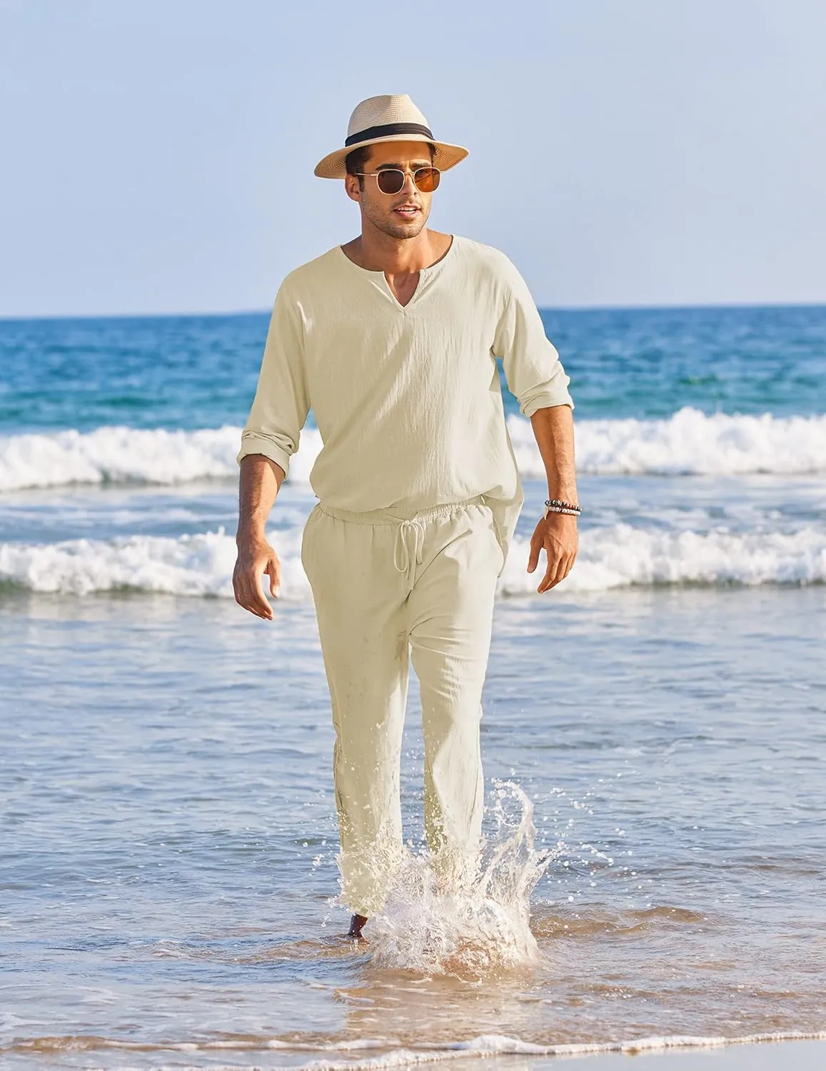 COOFANDY Men's 2 Pieces Cotton Linen Set Henley Shirt Long Sleeve and Casual Beach Pants Summer Yoga Outfits