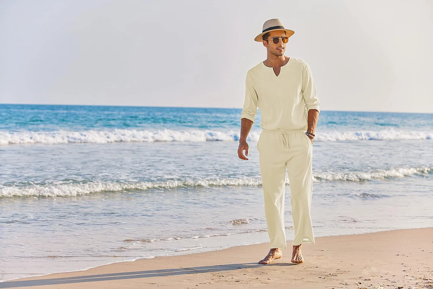 COOFANDY Men's 2 Pieces Cotton Linen Set Henley Shirt Long Sleeve and Casual Beach Pants Summer Yoga Outfits