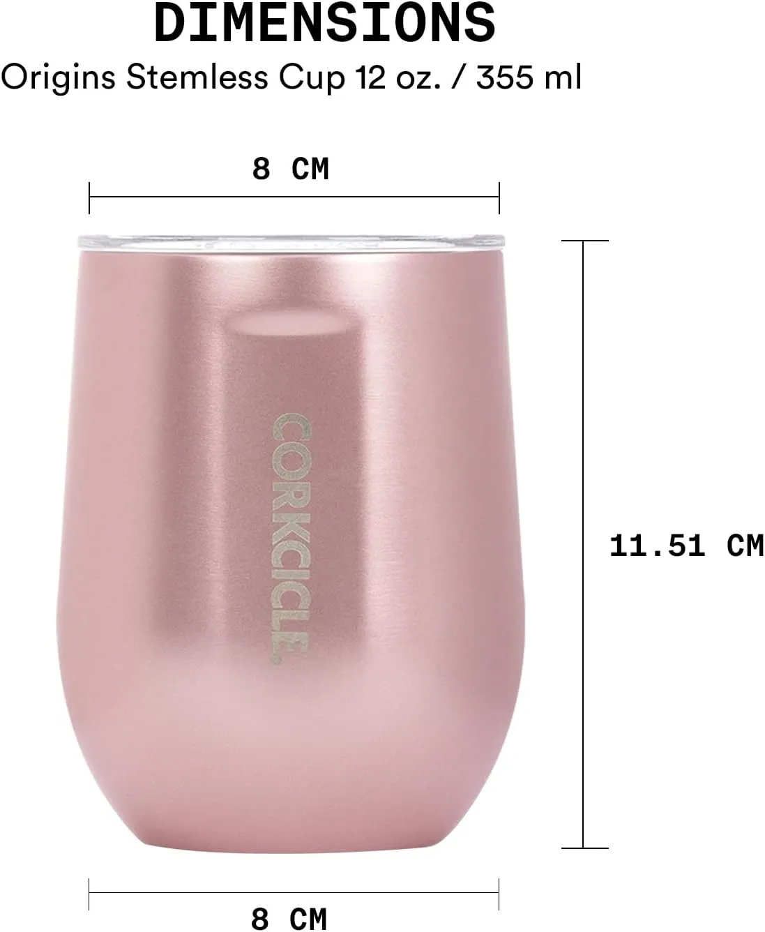 Corkcicle Luxe Collection 12 Oz Triple Insulated Stainless Steel Stemless Travel Cup with Lid & Silicone Bottom for Hot and Cold Drinks, Rose Metallic
