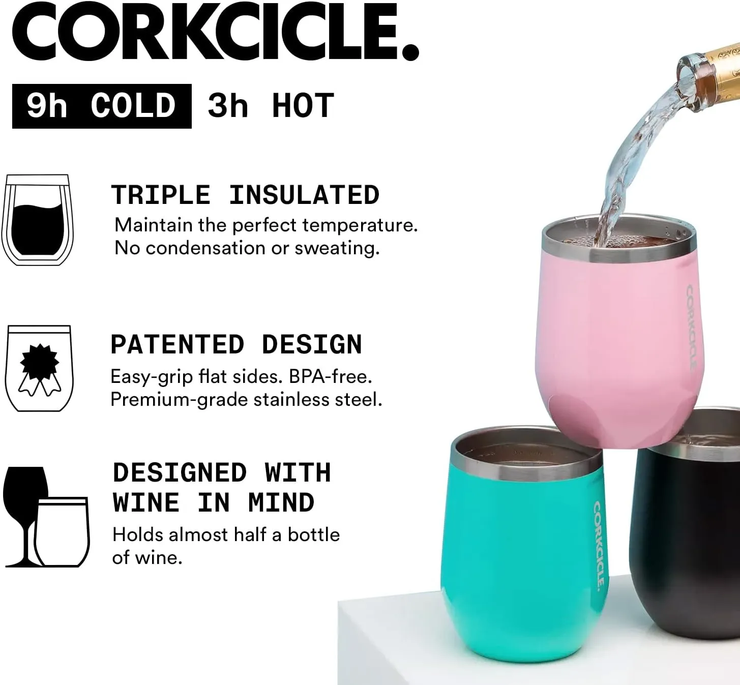 Corkcicle Luxe Collection 12 Oz Triple Insulated Stainless Steel Stemless Travel Cup with Lid & Silicone Bottom for Hot and Cold Drinks, Rose Metallic