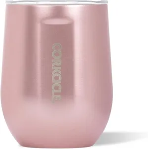 Corkcicle Luxe Collection 12 Oz Triple Insulated Stainless Steel Stemless Travel Cup with Lid & Silicone Bottom for Hot and Cold Drinks, Rose Metallic