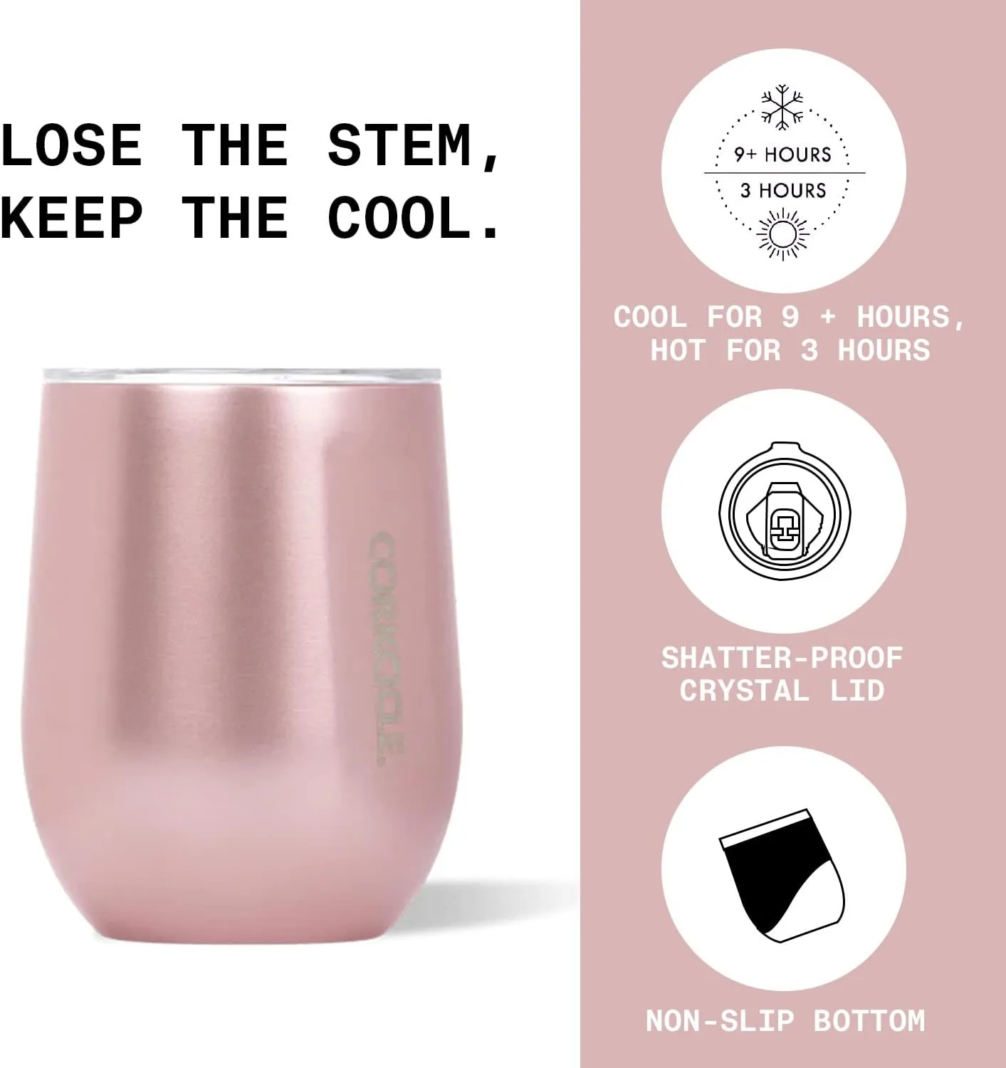 Corkcicle Luxe Collection 12 Oz Triple Insulated Stainless Steel Stemless Travel Cup with Lid & Silicone Bottom for Hot and Cold Drinks, Rose Metallic