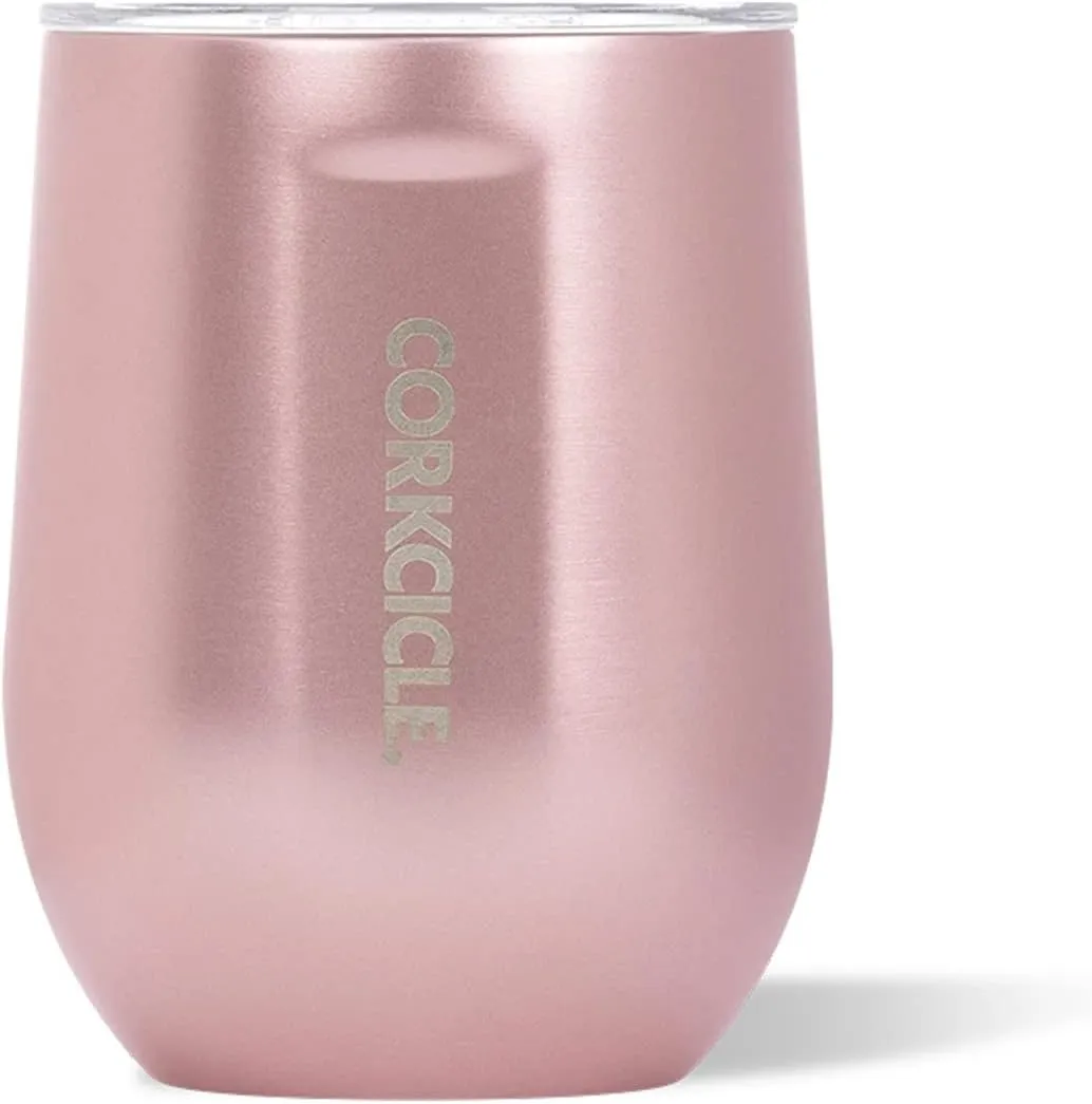 Corkcicle Luxe Collection 12 Oz Triple Insulated Stainless Steel Stemless Travel Cup with Lid & Silicone Bottom for Hot and Cold Drinks, Rose Metallic