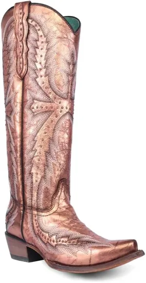 CORRAL LADIE'S METALLIC ROSE GOLADIE'S EMBROIDERY & STUDS TALL TOP, CORRAL LARGE 52.0 X 32.0 X 11.5 SOLE,COWHIDE LEATHER, WESTERN BOOT, C4070