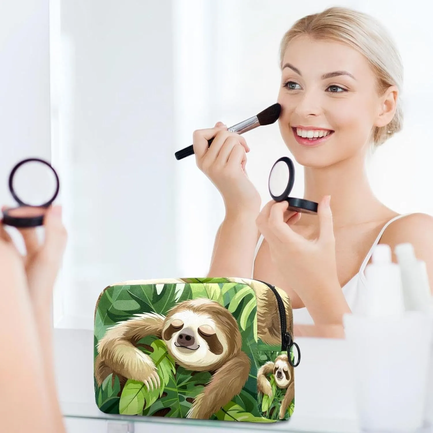 Cosmetic Bag Cartoon Sloth Leaf Travel Makeup Bag Portable Travel Toiletry Bag Makeup Organizer Bag 7.3x3x5.1in