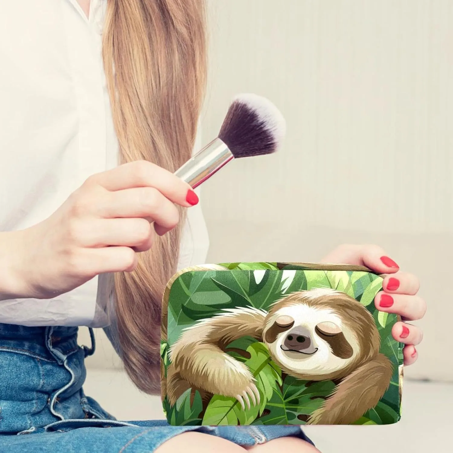 Cosmetic Bag Cartoon Sloth Leaf Travel Makeup Bag Portable Travel Toiletry Bag Makeup Organizer Bag 7.3x3x5.1in