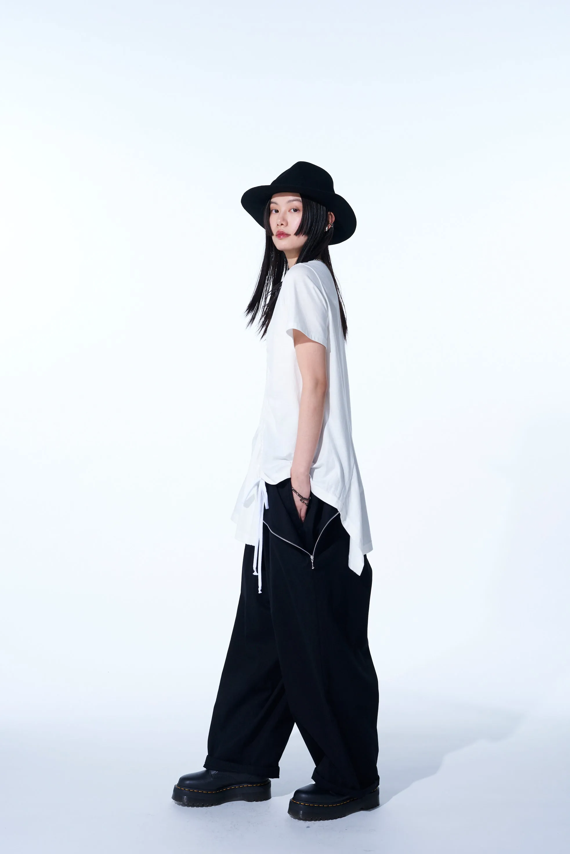 COTTON JERSEY ASYMMETRICAL T-SHIRT WITH GATHERED STRINGS