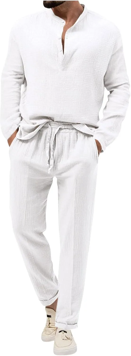 Cotton Linen Sets for Men 2 Piece Button Down Shirt Long Sleeve Drawstring Waist Pants Fall Fashion Outfits 2023