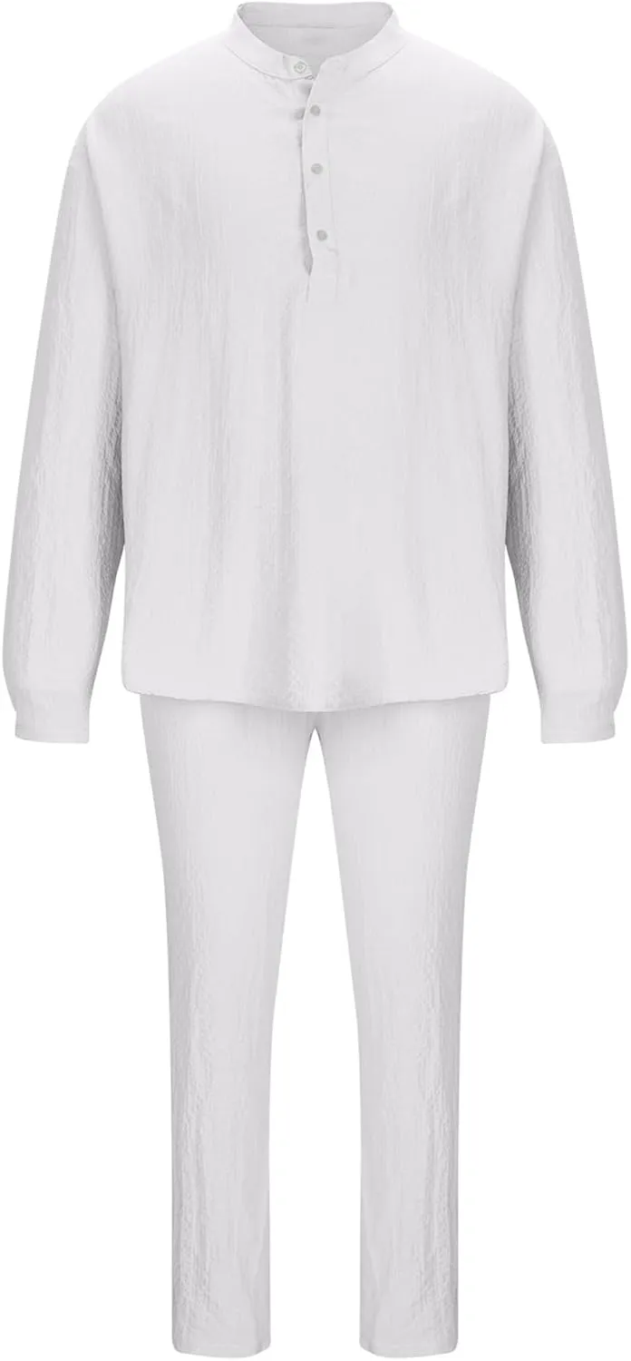 Cotton Linen Sets for Men 2 Piece Button Down Shirt Long Sleeve Drawstring Waist Pants Fall Fashion Outfits 2023
