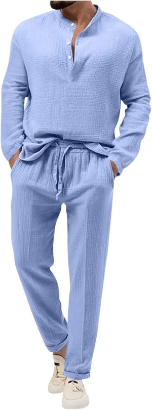 Cotton Linen Sets for Men 2 Piece Button Down Shirt Long Sleeve Drawstring Waist Pants Fall Fashion Outfits 2023
