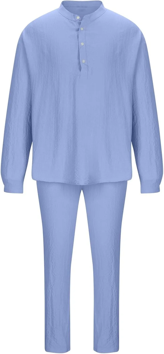 Cotton Linen Sets for Men 2 Piece Button Down Shirt Long Sleeve Drawstring Waist Pants Fall Fashion Outfits 2023