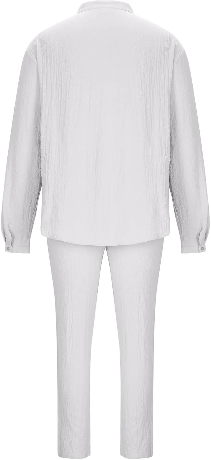 Cotton Linen Sets for Men 2 Piece Button Down Shirt Long Sleeve Drawstring Waist Pants Fall Fashion Outfits 2023