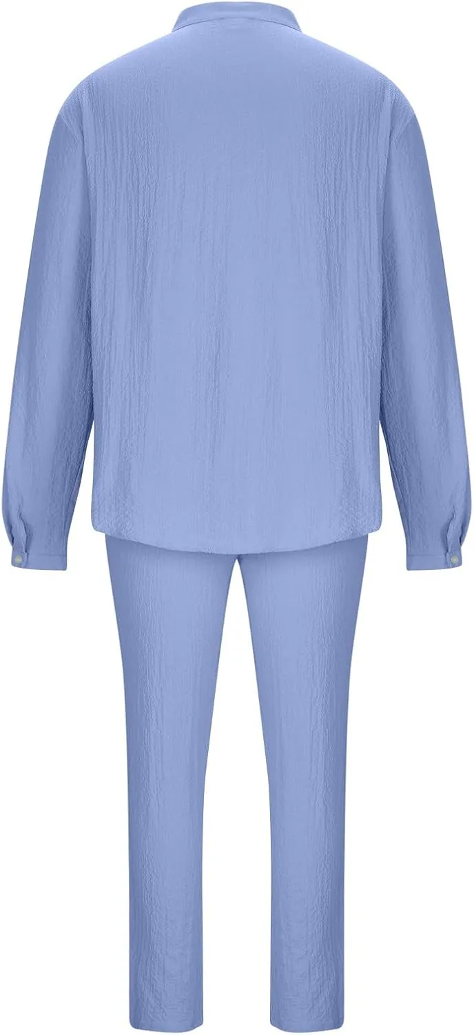Cotton Linen Sets for Men 2 Piece Button Down Shirt Long Sleeve Drawstring Waist Pants Fall Fashion Outfits 2023