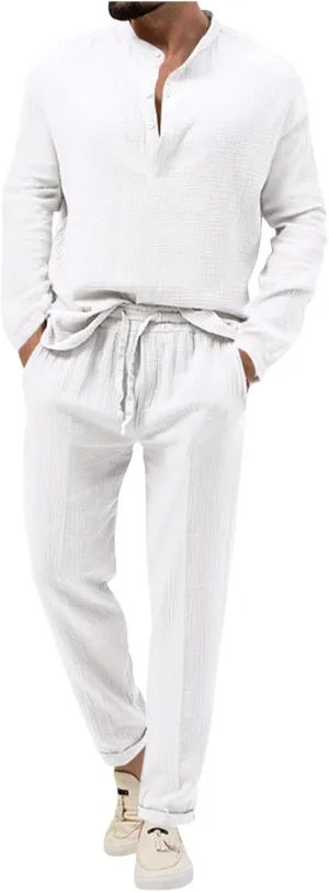 Cotton Linen Sets for Men 2 Piece Button Down Shirt Long Sleeve Drawstring Waist Pants Fall Fashion Outfits 2023