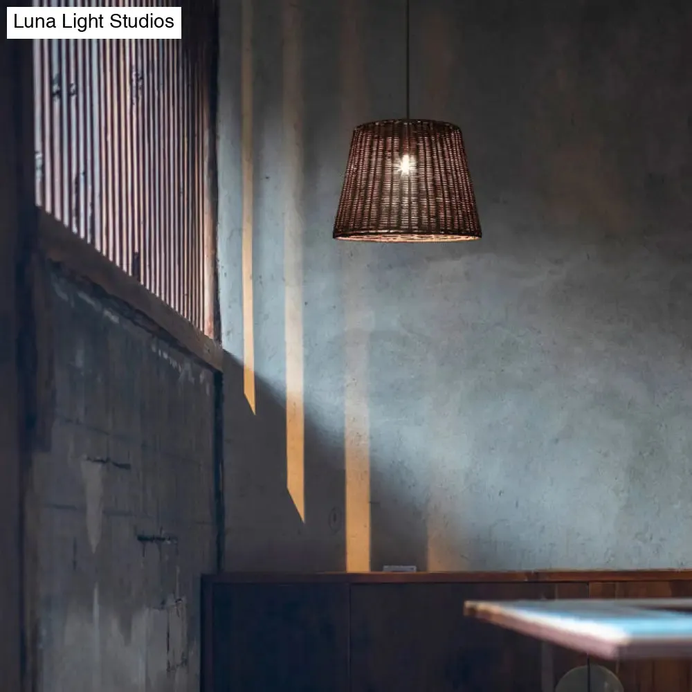 Country-Style Pendant Light with Rattan Shade for Restaurants - Brown Cone Design