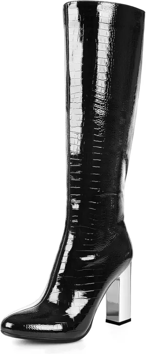 Cozivwaiy Women Knee High Dress Boots Block High Heels Boots Riding Formal Metallic Heels Boots Tall Boots Zipper
