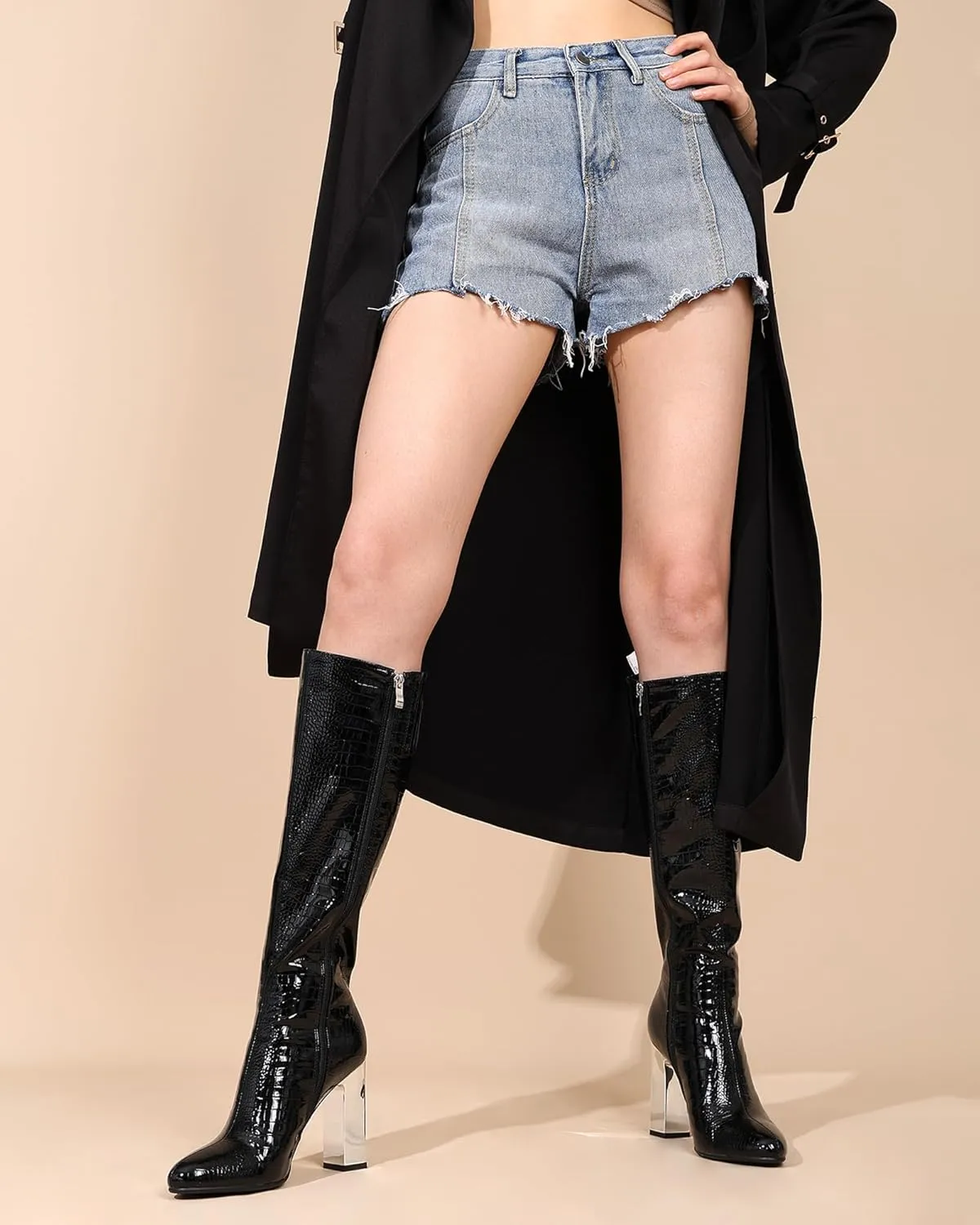 Cozivwaiy Women Knee High Dress Boots Block High Heels Boots Riding Formal Metallic Heels Boots Tall Boots Zipper