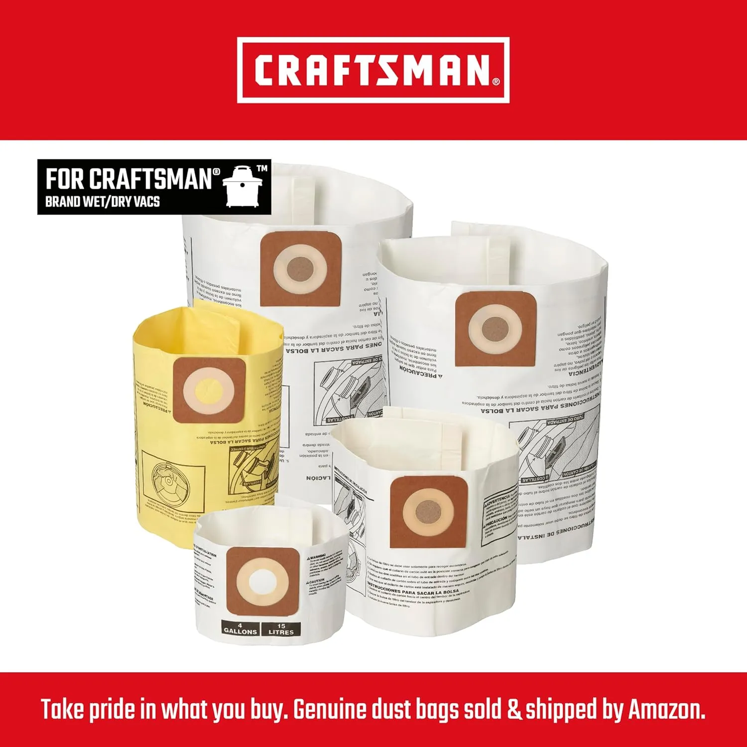 CRAFTSMAN CMXZVBE38735 Genuine Fine Dust Wet Dry Vac Dust Collection Bags for Most 12 Gallon CRAFTSMAN Shop Vacuums, Collects Dry Fine Debris, Reduces Cleanup Time, 2-Pack