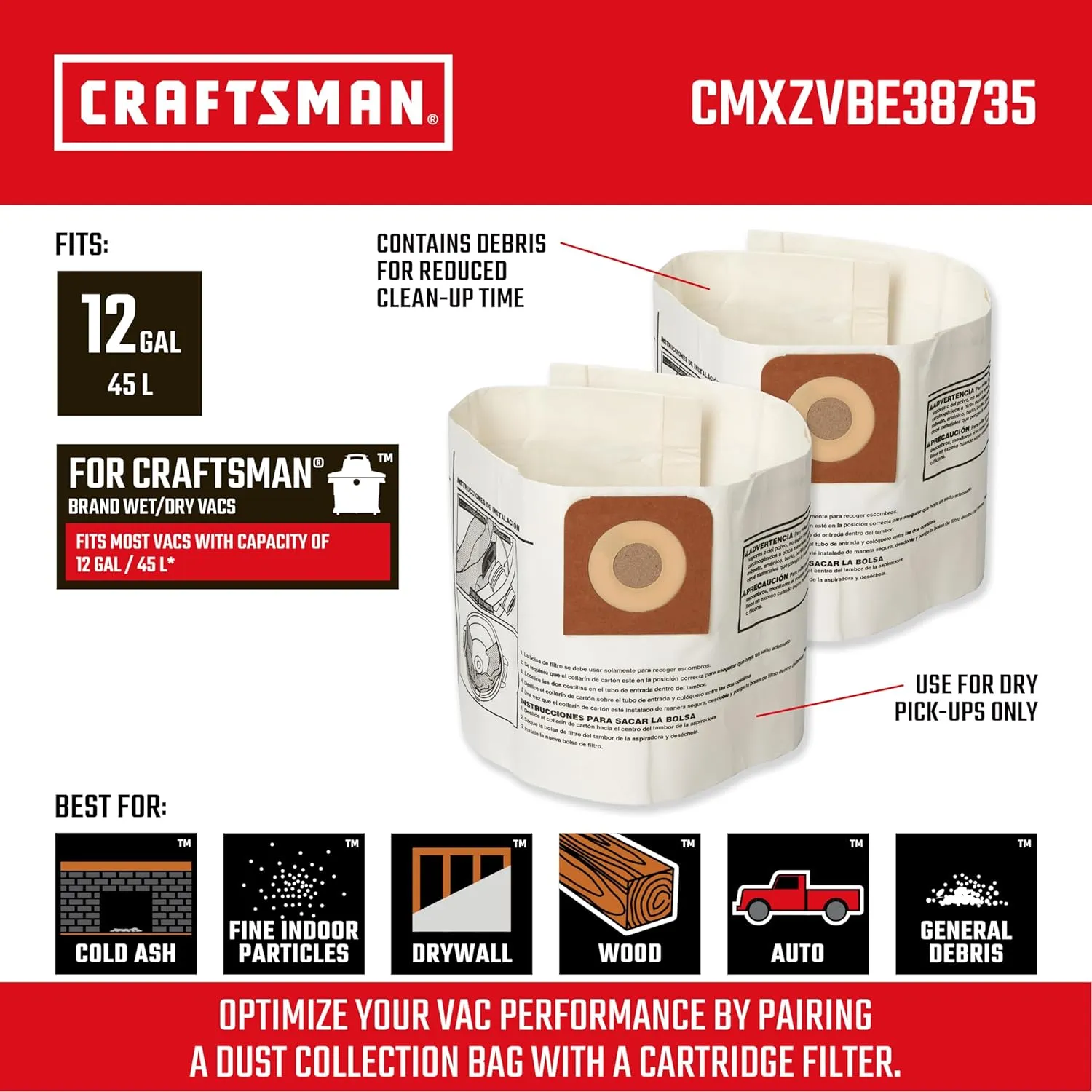 CRAFTSMAN CMXZVBE38735 Genuine Fine Dust Wet Dry Vac Dust Collection Bags for Most 12 Gallon CRAFTSMAN Shop Vacuums, Collects Dry Fine Debris, Reduces Cleanup Time, 2-Pack