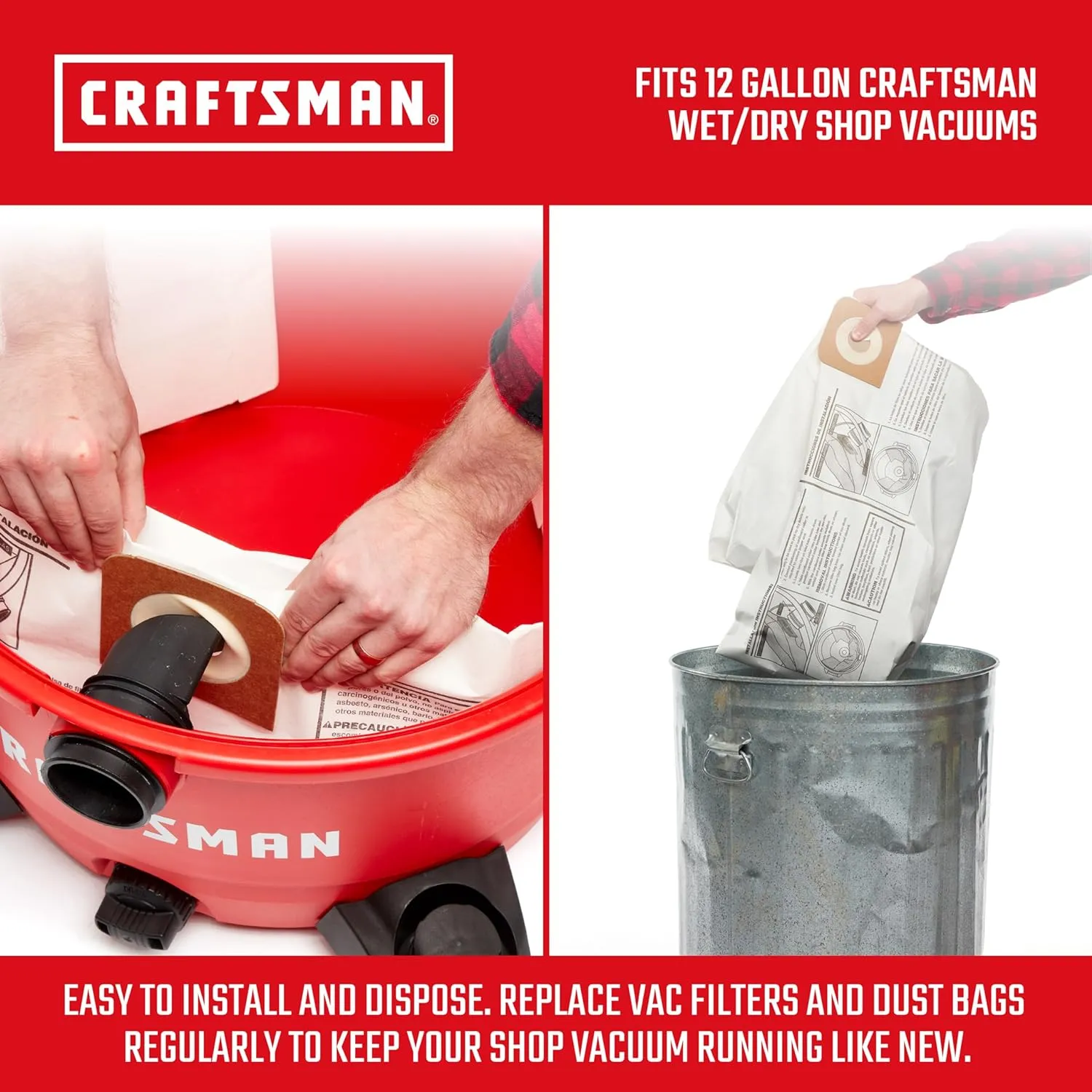CRAFTSMAN CMXZVBE38735 Genuine Fine Dust Wet Dry Vac Dust Collection Bags for Most 12 Gallon CRAFTSMAN Shop Vacuums, Collects Dry Fine Debris, Reduces Cleanup Time, 2-Pack