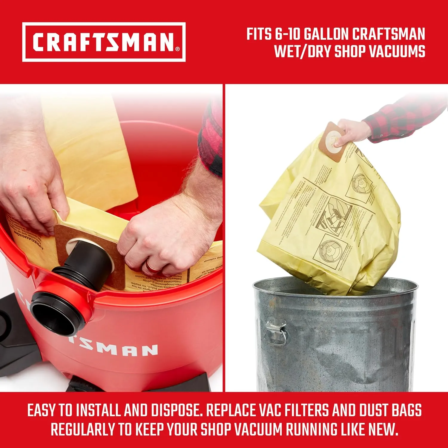 CRAFTSMAN CMXZVBE39970 Genuine Fine Dust Wet Dry Vac Dust Collection Bags for Most 6 to 10 Gallon CRAFTSMAN Shop Vacuums, Collects Dry Fine Debris, Reduces Cleanup Time, 2-Pack