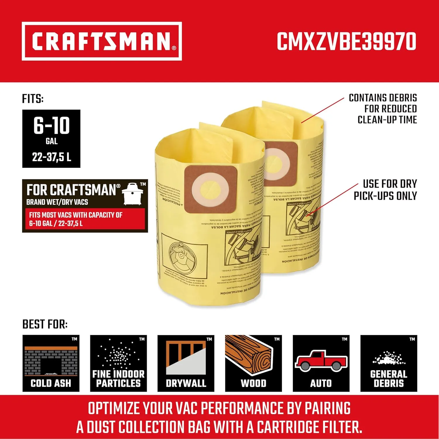 CRAFTSMAN CMXZVBE39970 Genuine Fine Dust Wet Dry Vac Dust Collection Bags for Most 6 to 10 Gallon CRAFTSMAN Shop Vacuums, Collects Dry Fine Debris, Reduces Cleanup Time, 2-Pack