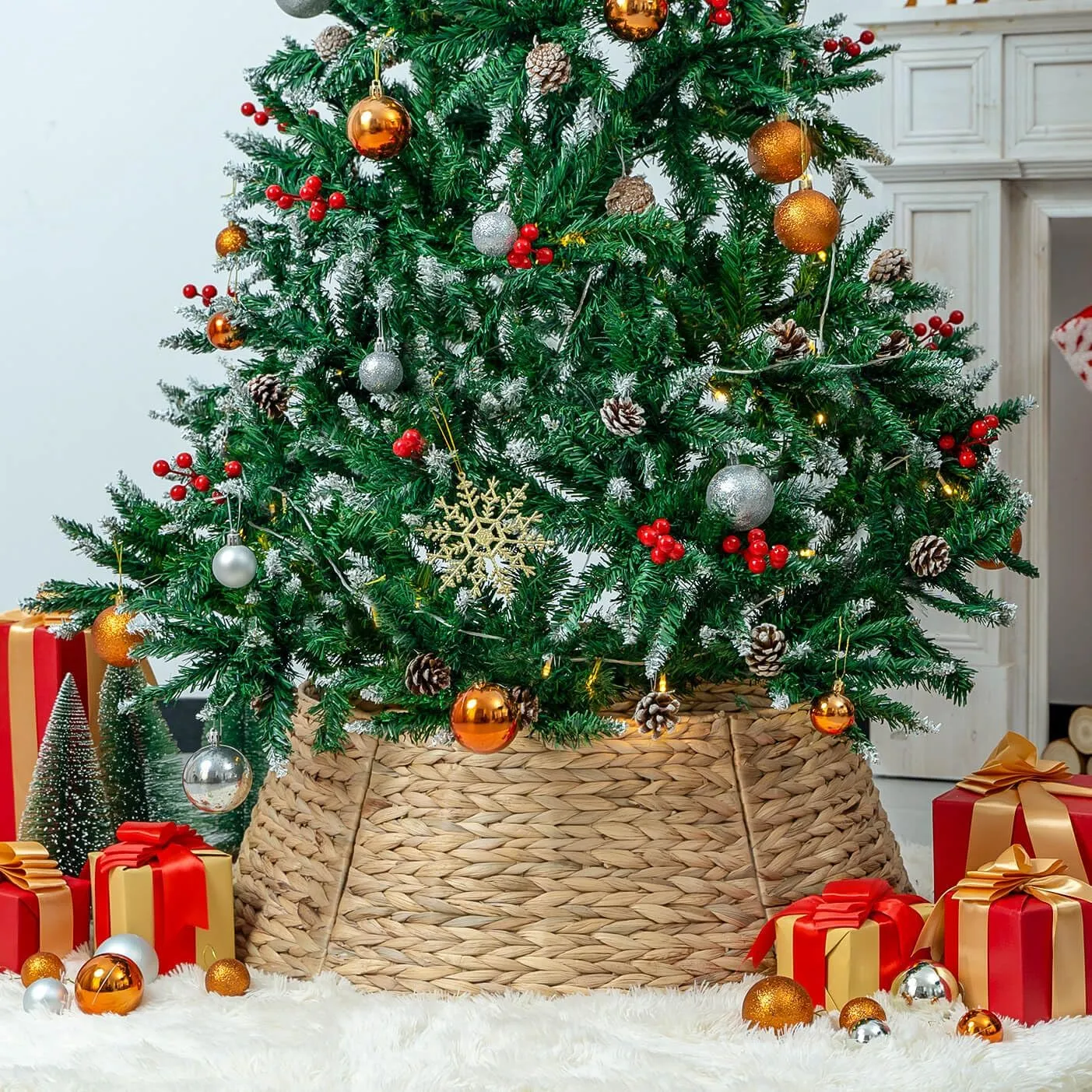 CubesLand Christmas Tree Collar for 7.5ft Trees,Christmas Tree Skirt 27In,Holiday Rattan Tree Skirt,Handcrafted Woven Hyacinth Christmas Tree Base Cover,Rustic Tree Skirt for Artificial Trees