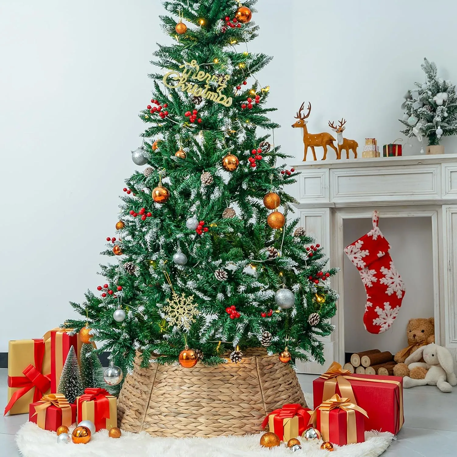 CubesLand Christmas Tree Collar for 7.5ft Trees,Christmas Tree Skirt 27In,Holiday Rattan Tree Skirt,Handcrafted Woven Hyacinth Christmas Tree Base Cover,Rustic Tree Skirt for Artificial Trees