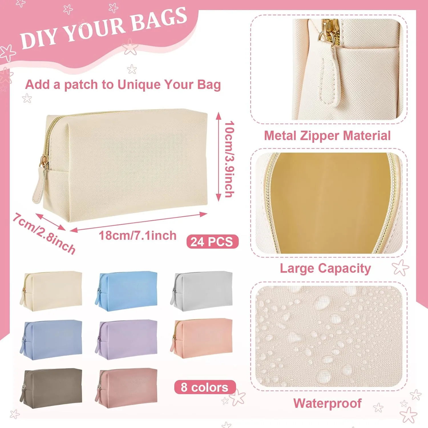Cunno 24 Pcs Makeup Bag Bulk PU Leather Cosmetic Bag Makeup Pouch Plain Cosmetic Pouch Waterproof Toiletry Bags for Traveling Travel Purse Cosmetic Organizer (Morandi)