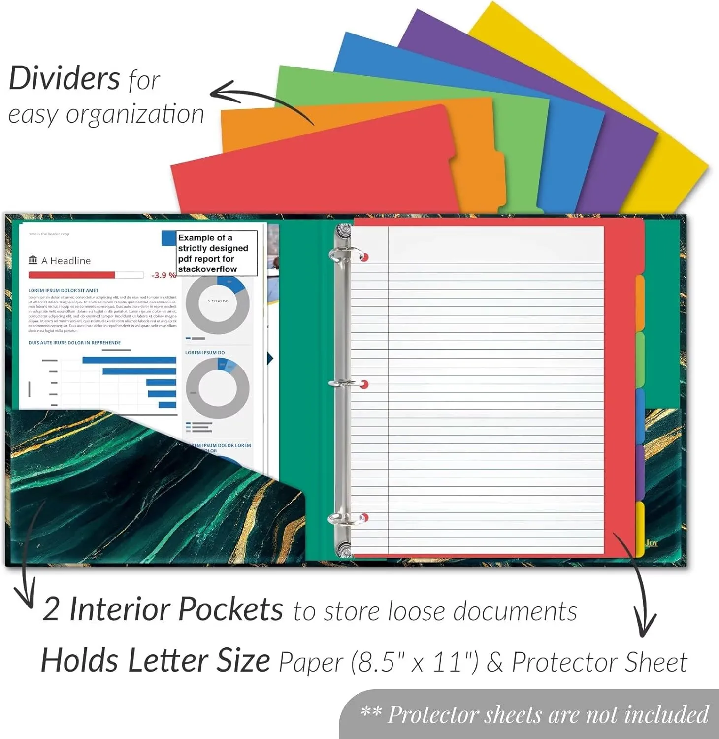 Cute 3 Ring Binder 1 Inch - Decorative Three Ring Binder Organizer for Letter-Size Paper, 1 Inch Binder with Dividers & Stickers, Durable Hardcover Binder for School, Office, Home (Green Marble)