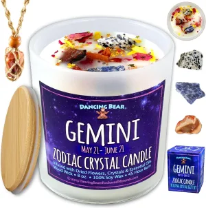 DANCING BEAR Gemini Zodiac Candle Gift Box Set with 3 Healing Crystals & Stone Holder Necklace, 100% Soy Scented Wax, Crackling Wood Wick, 45 Hour Burn Time