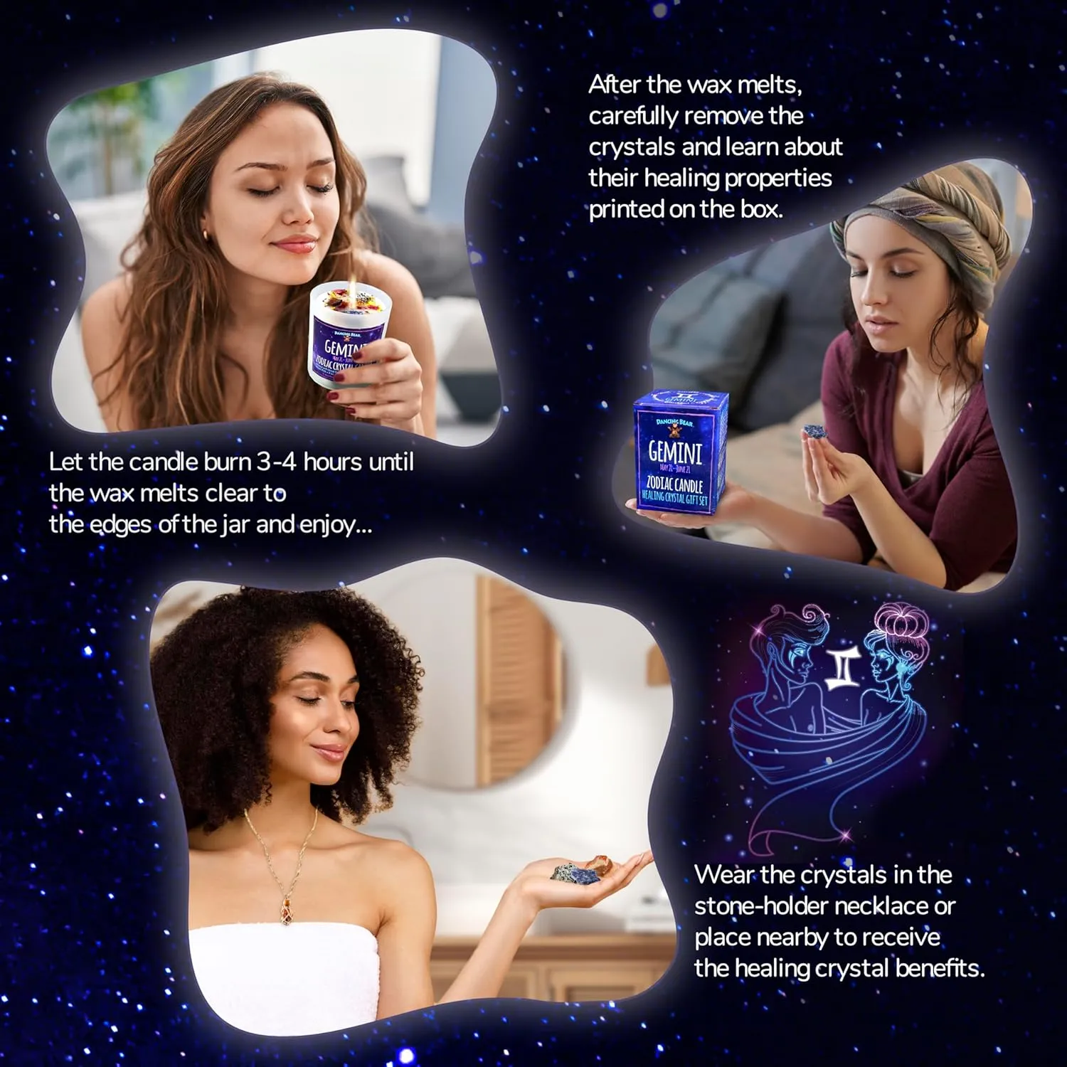 DANCING BEAR Gemini Zodiac Candle Gift Box Set with 3 Healing Crystals & Stone Holder Necklace, 100% Soy Scented Wax, Crackling Wood Wick, 45 Hour Burn Time