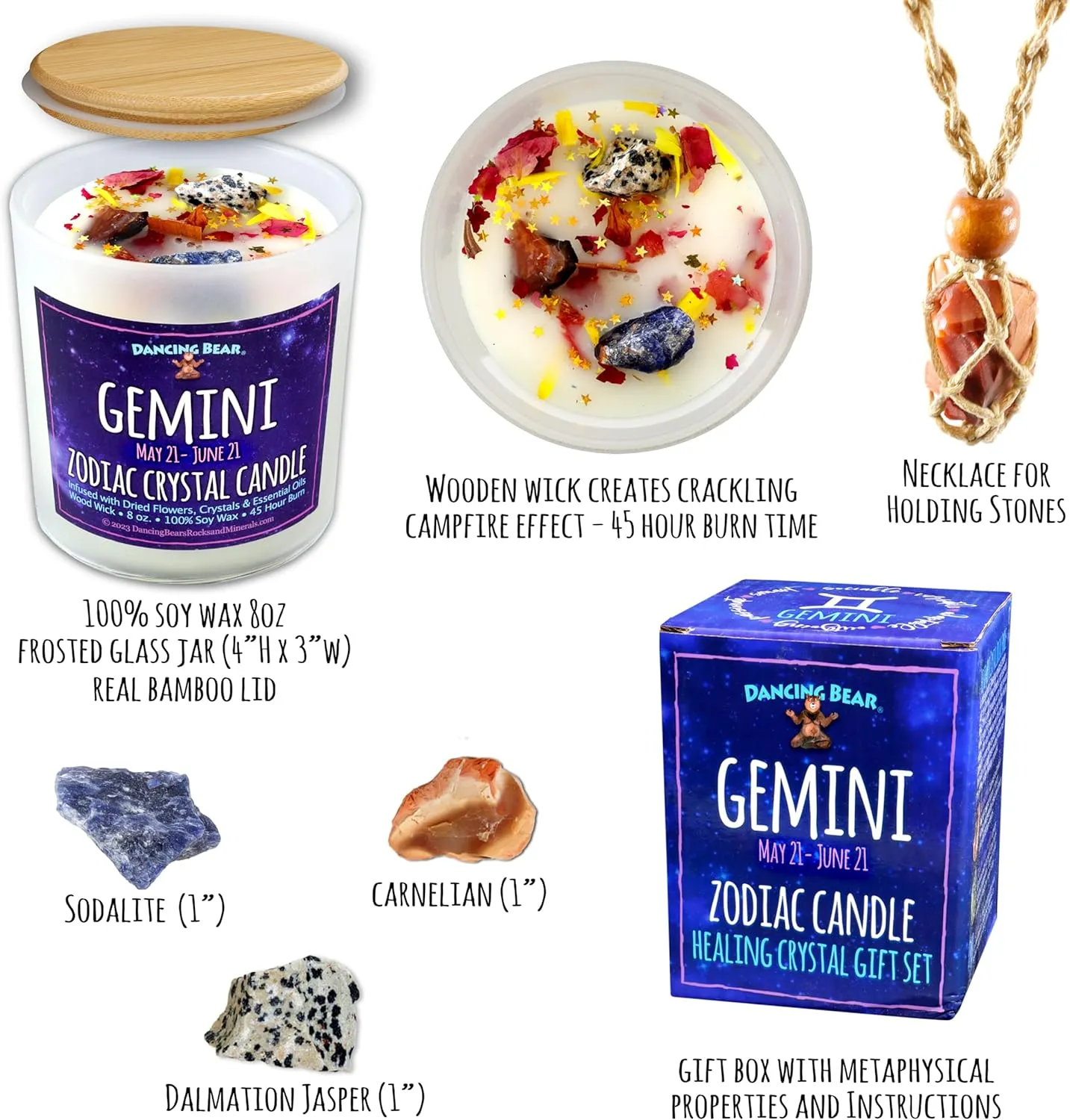 DANCING BEAR Gemini Zodiac Candle Gift Box Set with 3 Healing Crystals & Stone Holder Necklace, 100% Soy Scented Wax, Crackling Wood Wick, 45 Hour Burn Time