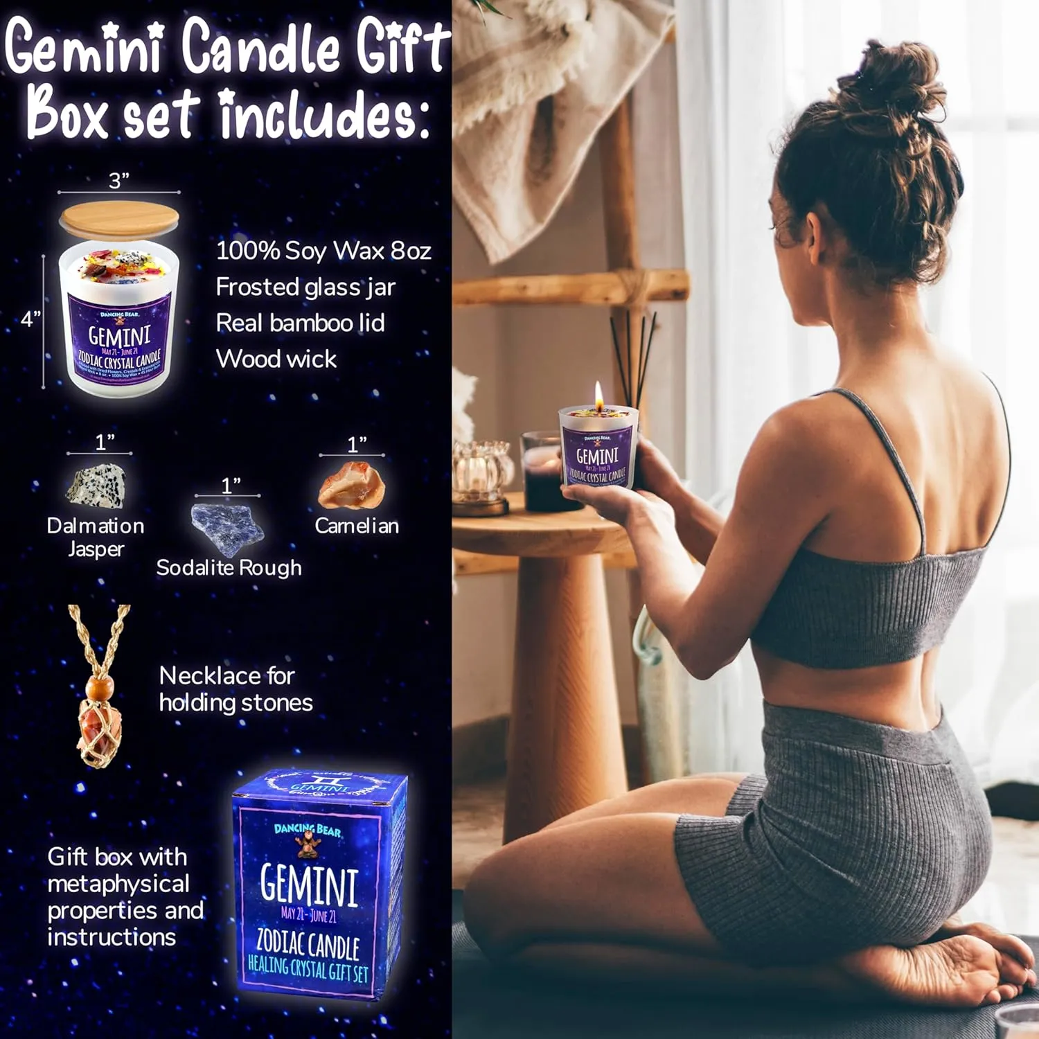 DANCING BEAR Gemini Zodiac Candle Gift Box Set with 3 Healing Crystals & Stone Holder Necklace, 100% Soy Scented Wax, Crackling Wood Wick, 45 Hour Burn Time