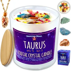 DANCING BEAR Taurus Zodiac Candle Gift Box Set with 3 Healing Crystals & Stone Holder Necklace, 100% Soy Scented Wax, Crackling Wood Wick, 45 Hour Burn Time