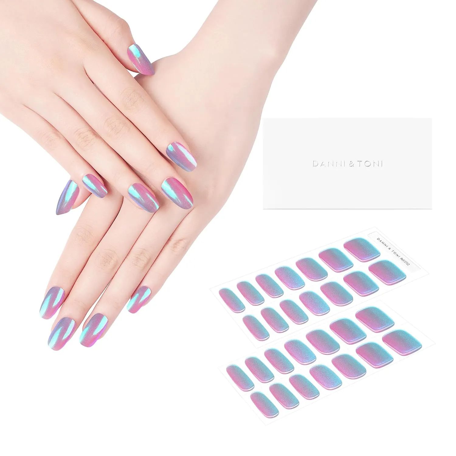 DANNI & TONI Semi Cured Gel Nail Strips Holographic (Chrome Dream) Metallic Gradient Aurora Nails 28 Stickers Gift for Woman