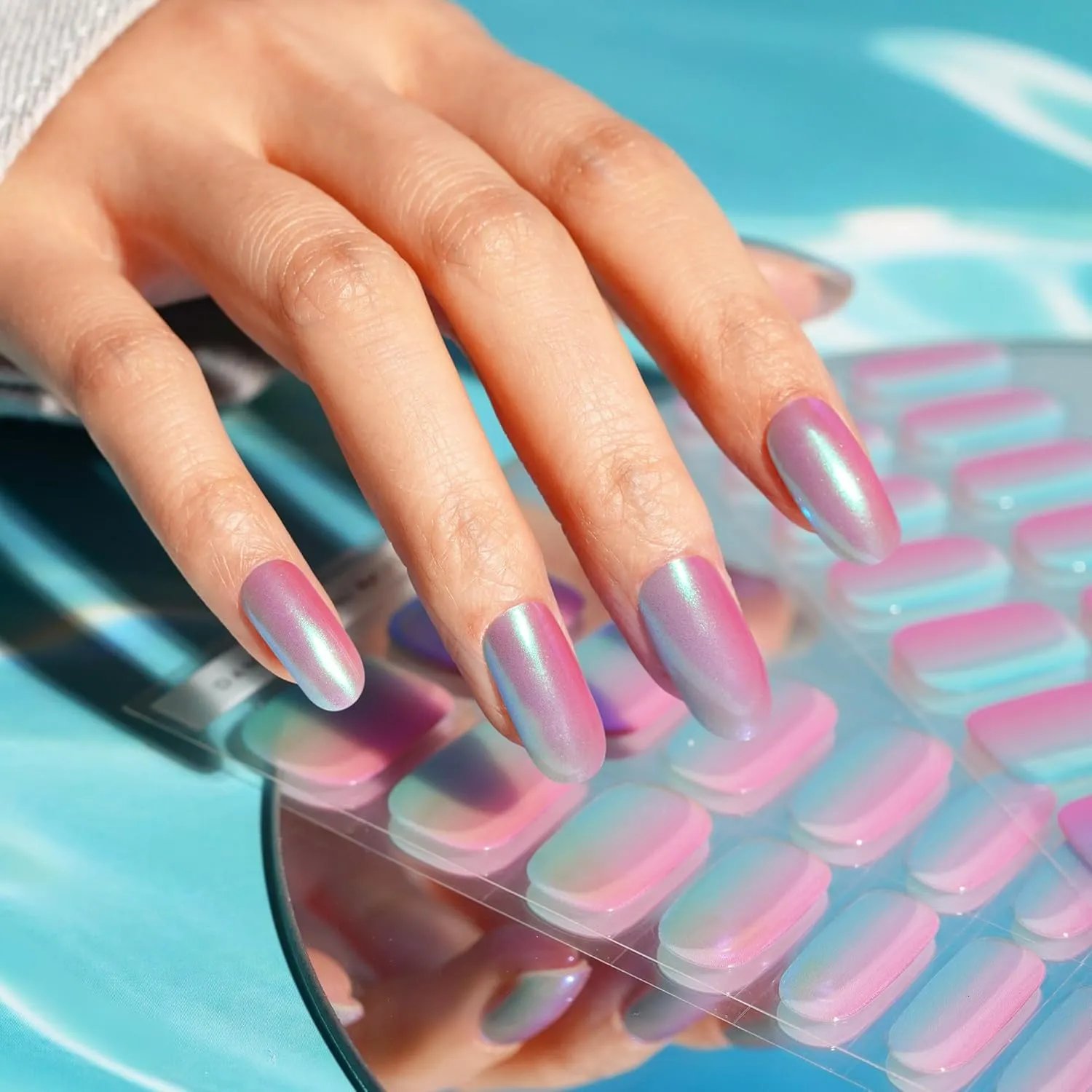 DANNI & TONI Semi Cured Gel Nail Strips Holographic (Chrome Dream) Metallic Gradient Aurora Nails 28 Stickers Gift for Woman