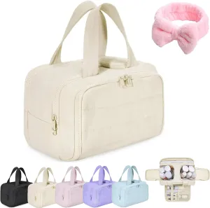 Decisive Makeup Bag, Decisive Large Capacity Wide-Open Travel Cosmetic Bag, Portable Waterproof Portable Puffy Standing Makeup Toiletry Bags Organizer With Handle for Women (Beige)