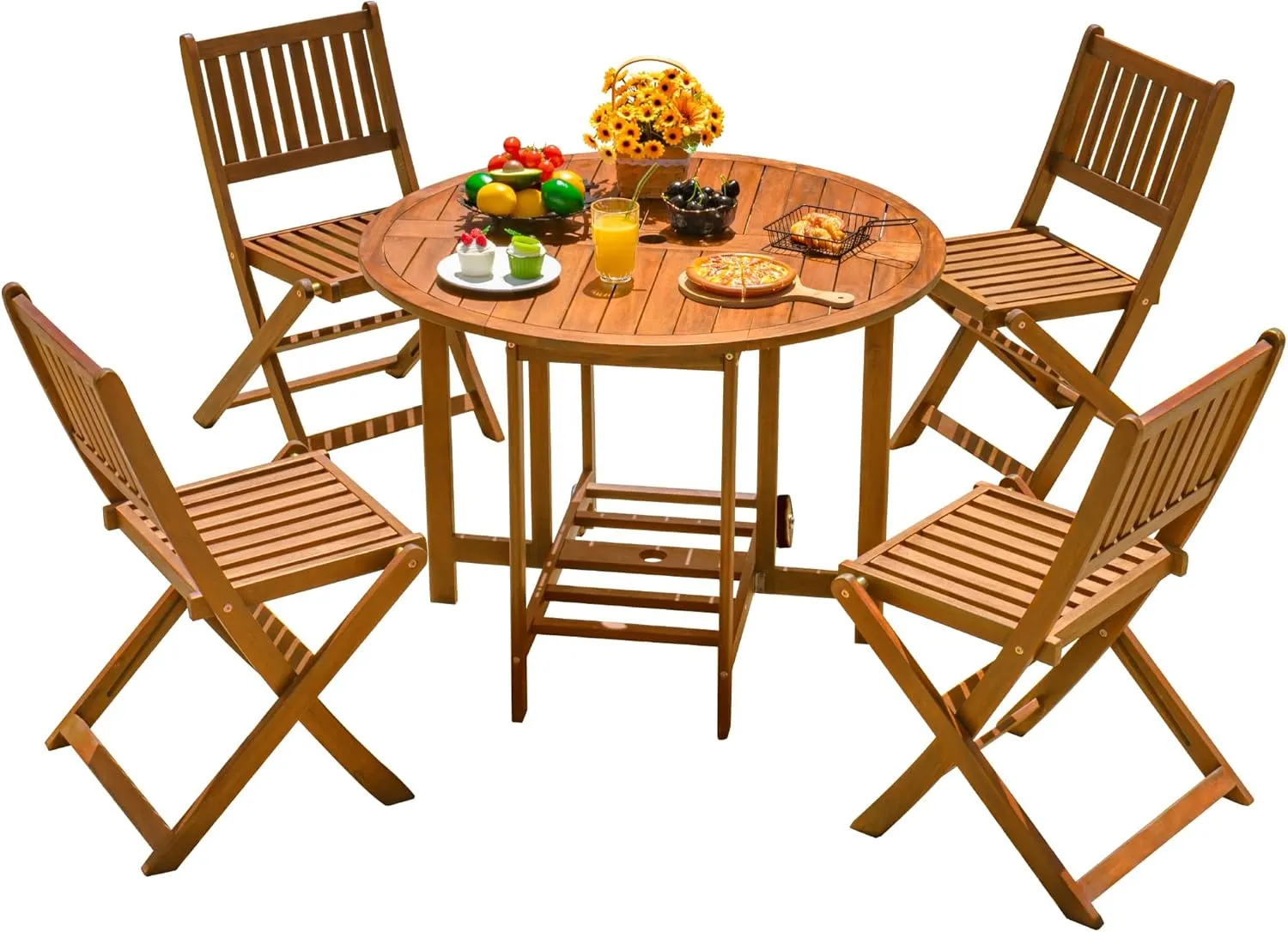 Devoko 5 PCS Patio Furniture, Patio Dining Set Acacia Wood Outdoor Table and Chairs, with 4 Folding Chairs and 37" Round Movable Table, Outdoor Dining Set for Lawn, Balcony, Garden (Light Brown)