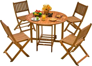 Devoko 5 PCS Patio Furniture, Patio Dining Set Acacia Wood Outdoor Table and Chairs, with 4 Folding Chairs and 37" Round Movable Table, Outdoor Dining Set for Lawn, Balcony, Garden (Light Brown)