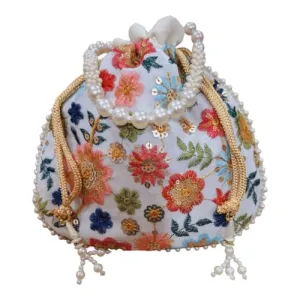 DMS RETAIL Women's Embroidered Potli With Pearl Drawstring | Ladies Purse Handbag Purses for Women,Wedding, Housewarming, Corporate Gifts, Anniversary Baby Shower Return Gifts (OFF WHITE)