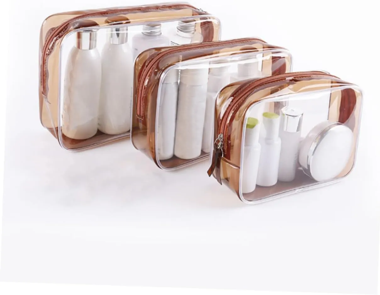 DOITOOL 9 Pcs Travel Makeup Bag Cosmetic Bags for Women Transparent Makeup Bag Storage Bag Three Piece Suit, Coffee, Size 3