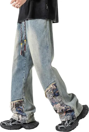 DOSLAVIDA Men's Straight Leg Jeans Relaxed Fit Baggy Jean Hip Hop Loose Fit Carpenter Denim Pants with Drawstring