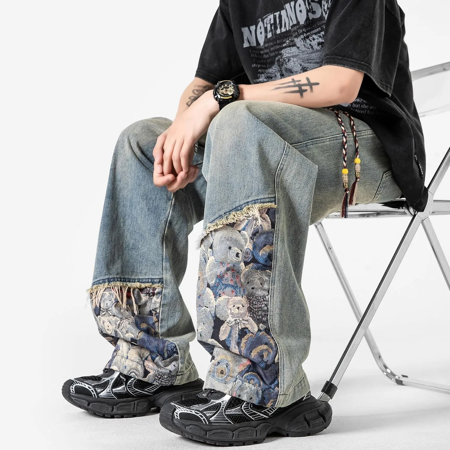 DOSLAVIDA Men's Straight Leg Jeans Relaxed Fit Baggy Jean Hip Hop Loose Fit Carpenter Denim Pants with Drawstring